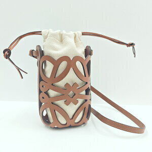 LOEWE Anagram Cutout Pocket Shoulder Bag Brown Leather Canvas